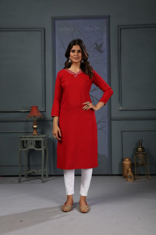 Jyoti Fashion Women's Red Cotton Handwork Designer Kurta Only | Grab2Buy