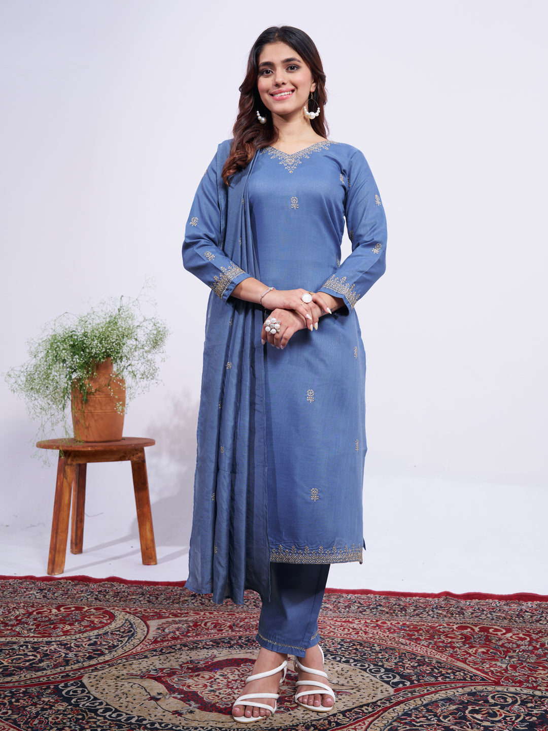 Jyoti Fashion Women's Denim Blue Rayon Embroidered Designer Kurta Set with Dupatta | Grab2Buy