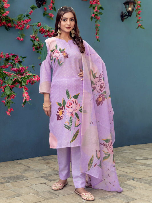 Jyoti Fashion Women's Lavender Cotton Blend Printed Designer Kurta Set with Dupatta | Grab2Buy