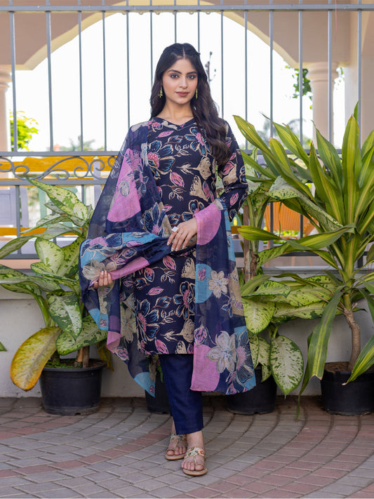 Jyoti Fashion Women's Navy Blue Cotton Blend Printed Designer Kurta Set with Dupatta | Grab2Buy