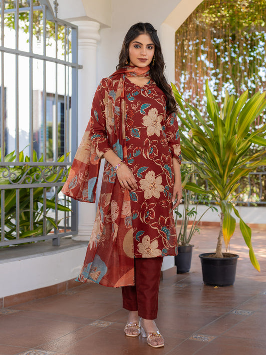 Jyoti Fashion Women's Rust Cotton Blend Printed Designer Kurta Set with Dupatta | Grab2Buy