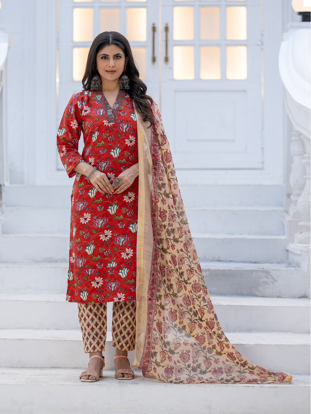 Jyoti Fashion Women's Red Rayon Print with Thread Designer Kurta Set with Dupatta | Grab2Buy