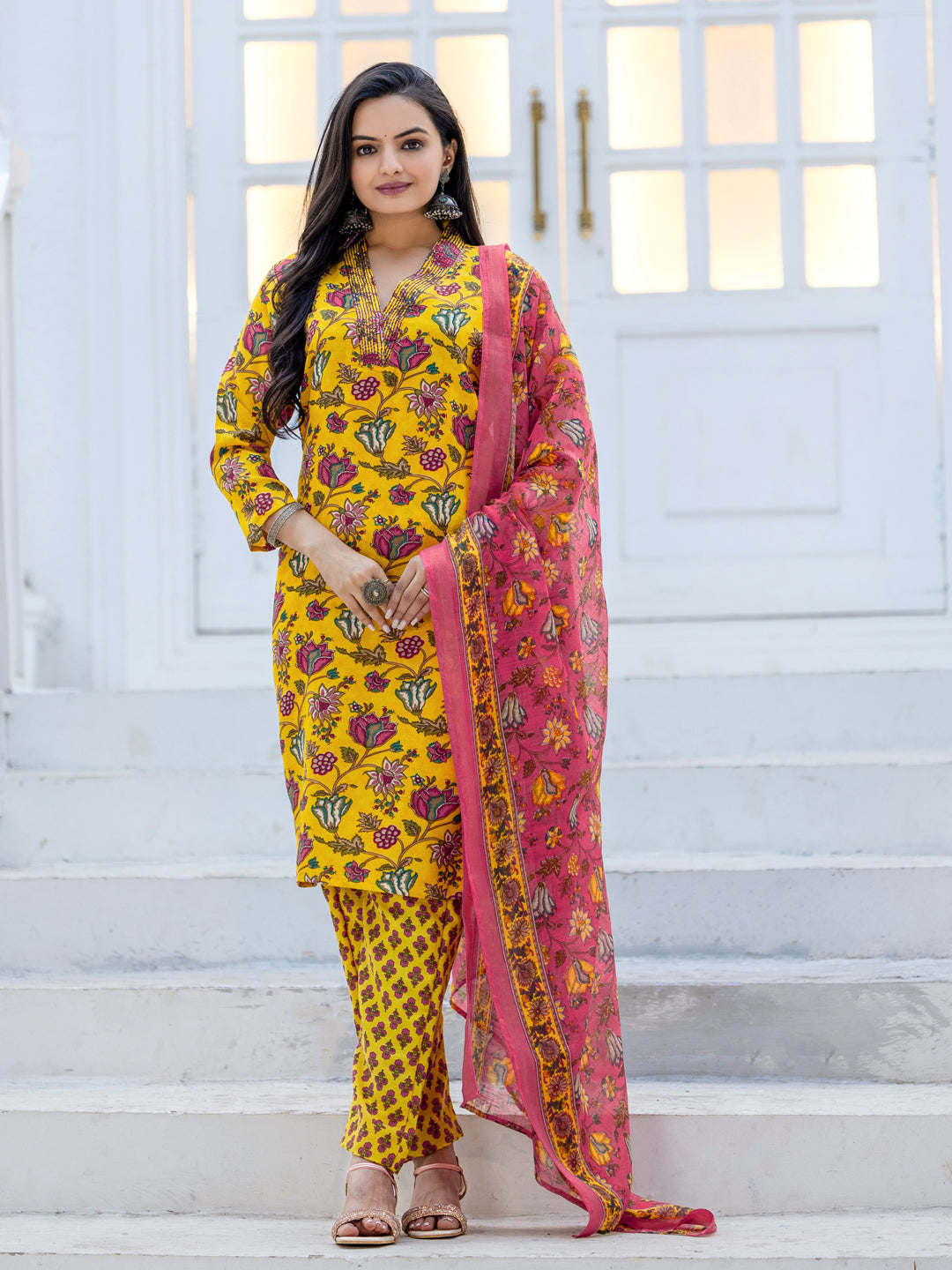 Jyoti Fashion Women's Yellow Rayon Print with Thread Designer Kurta Set with Dupatta | Grab2Buy