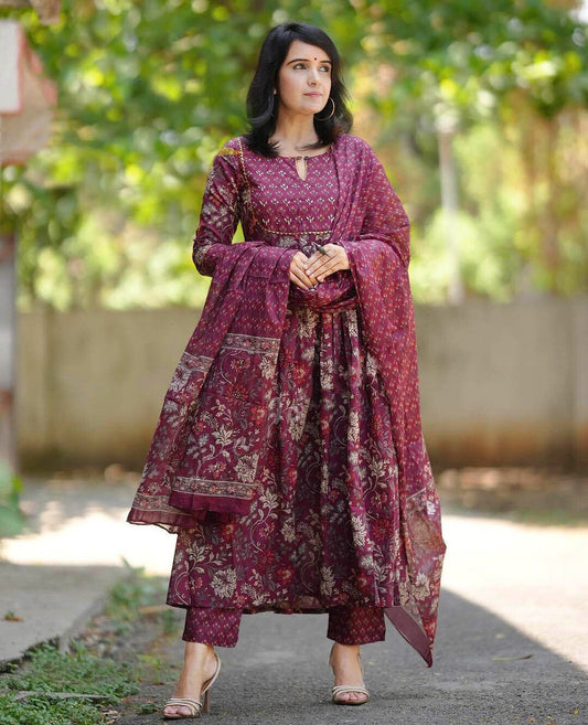 Jyoti Fashion Women's Maroon Rayon Printed Designer Kurta Set with Dupatta