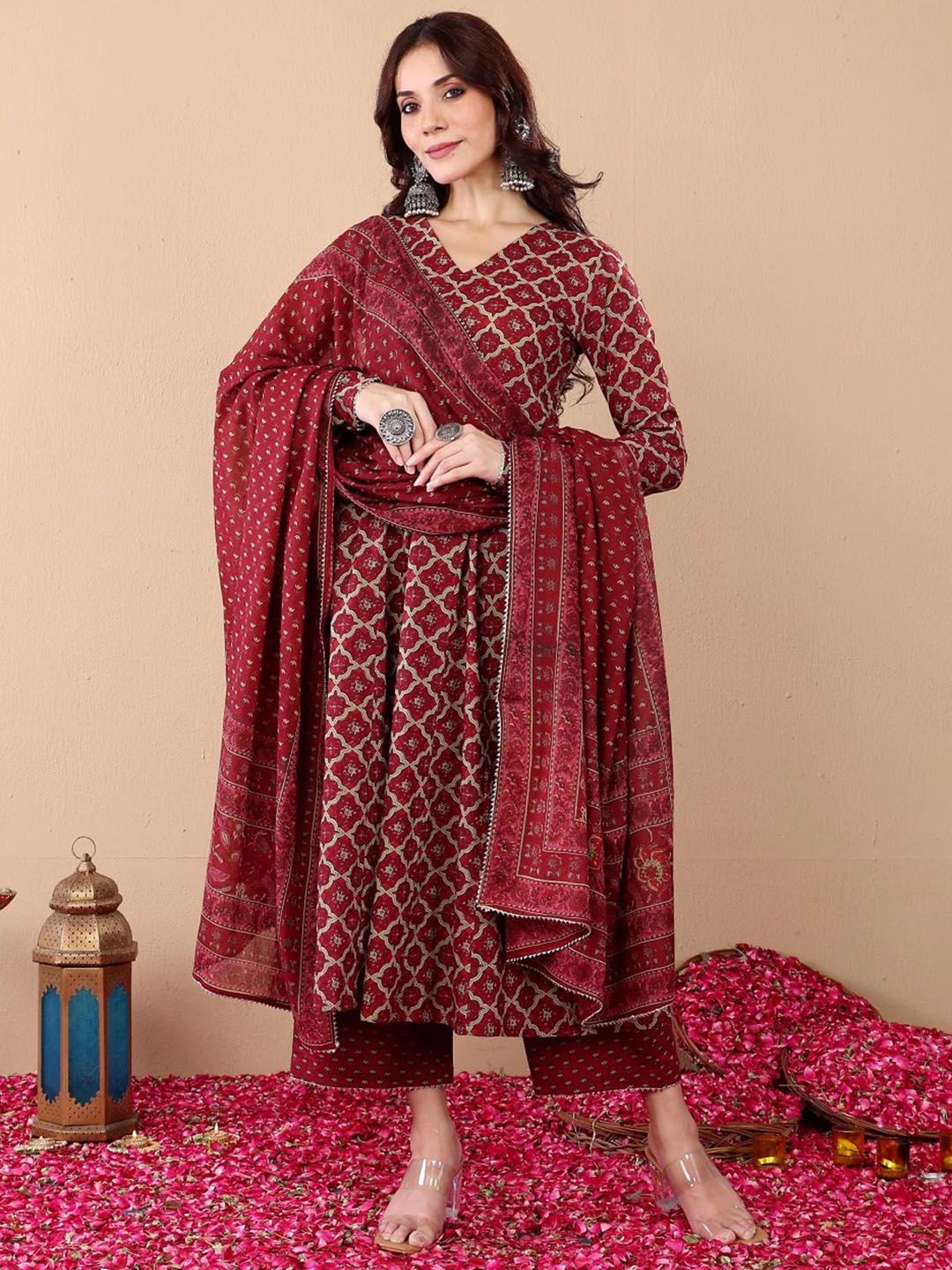 Jyoti Fashion Women's Maroon Rayon Printed Designer Kurta Set with Dupatta
