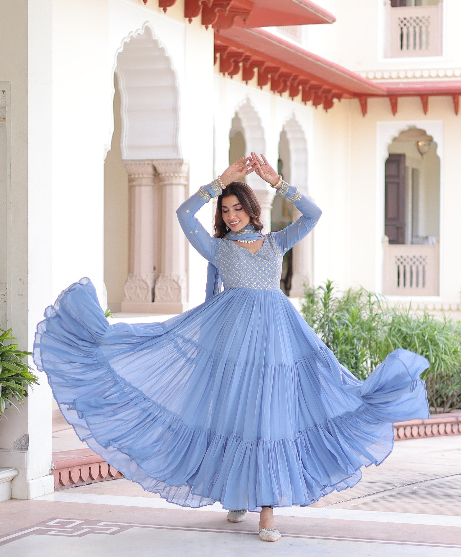 Jyoti Fashion Women's Sky Blue Faux Georgette Sequins Zari Embroidered Anarkali Set With Dupatta | Swadesiicart