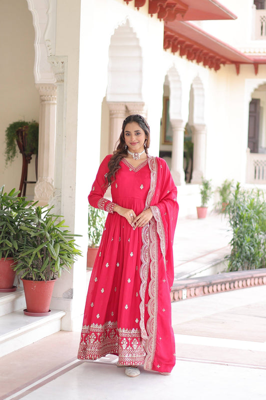 Jyoti Fashion Women's Pink Vichitra Silk Sequins Zari Embroidered Anarkali Set With Dupatta | Swadesiicart