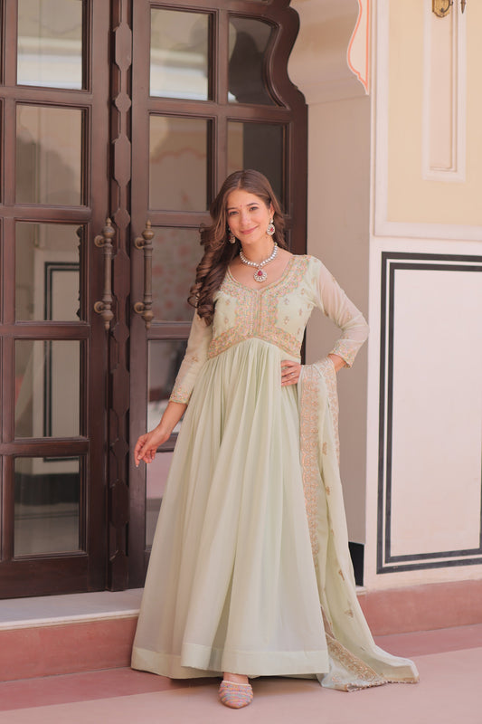 Jyoti Fashion Women's Pista Green Star Georgette Embroidered Anarkali Set With Dupatta | Swadesiicart