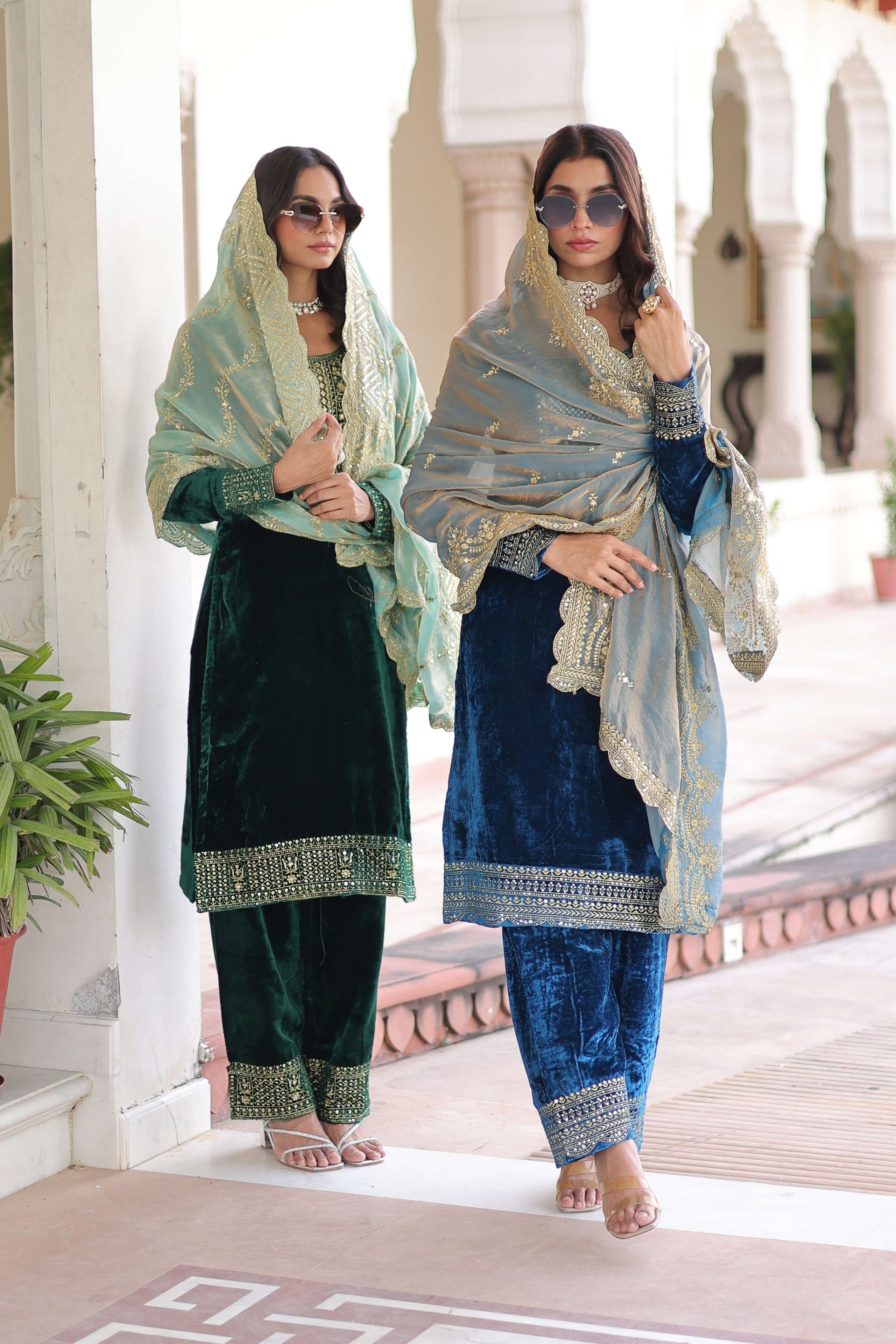 Jyoti Fashion Green & Blue Velvet Embroidered Designer Combo Kurta Set with Dupatta