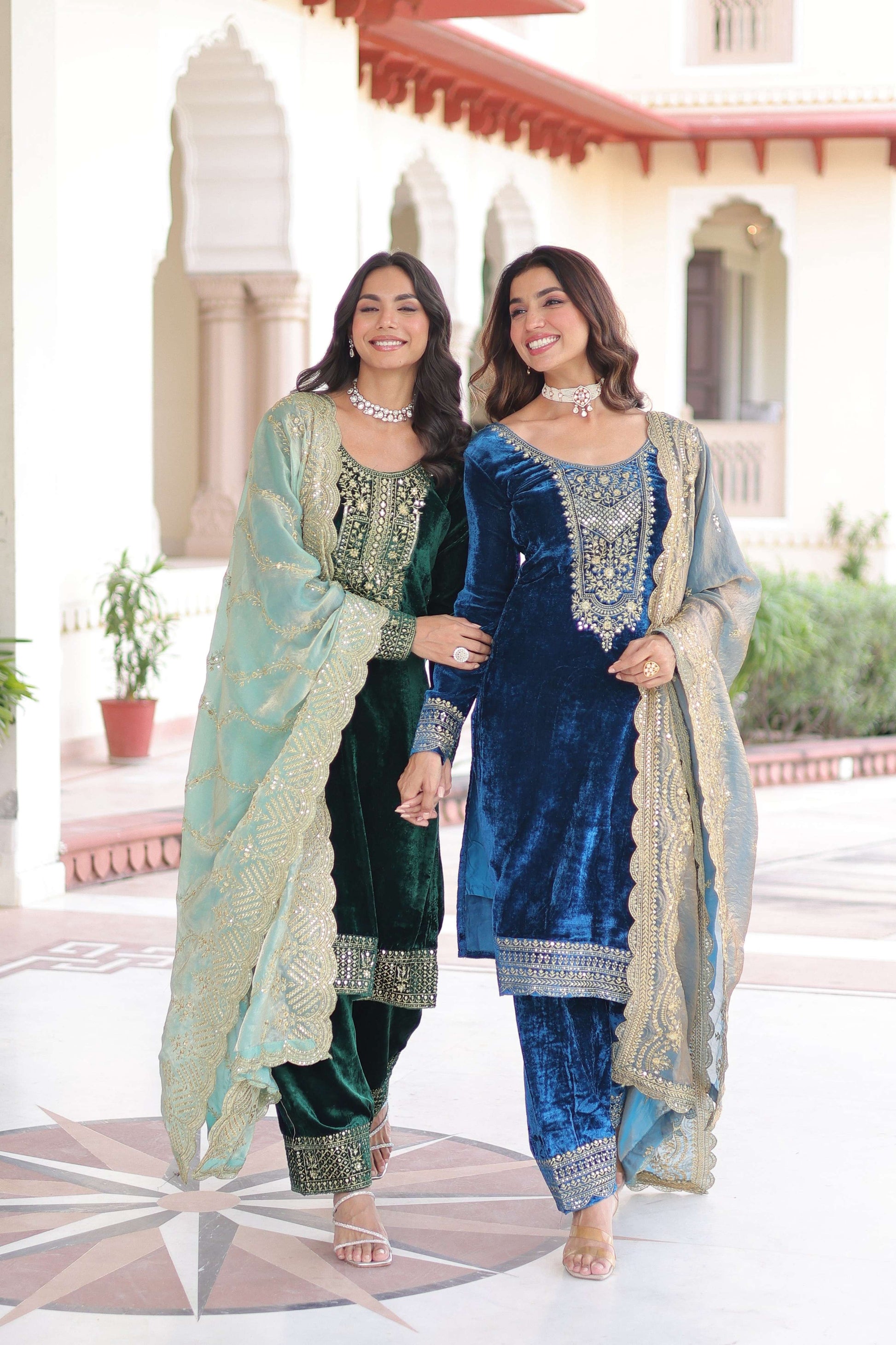 Jyoti Fashion Green & Blue Velvet Embroidered Designer Combo Kurta Set with Dupatta