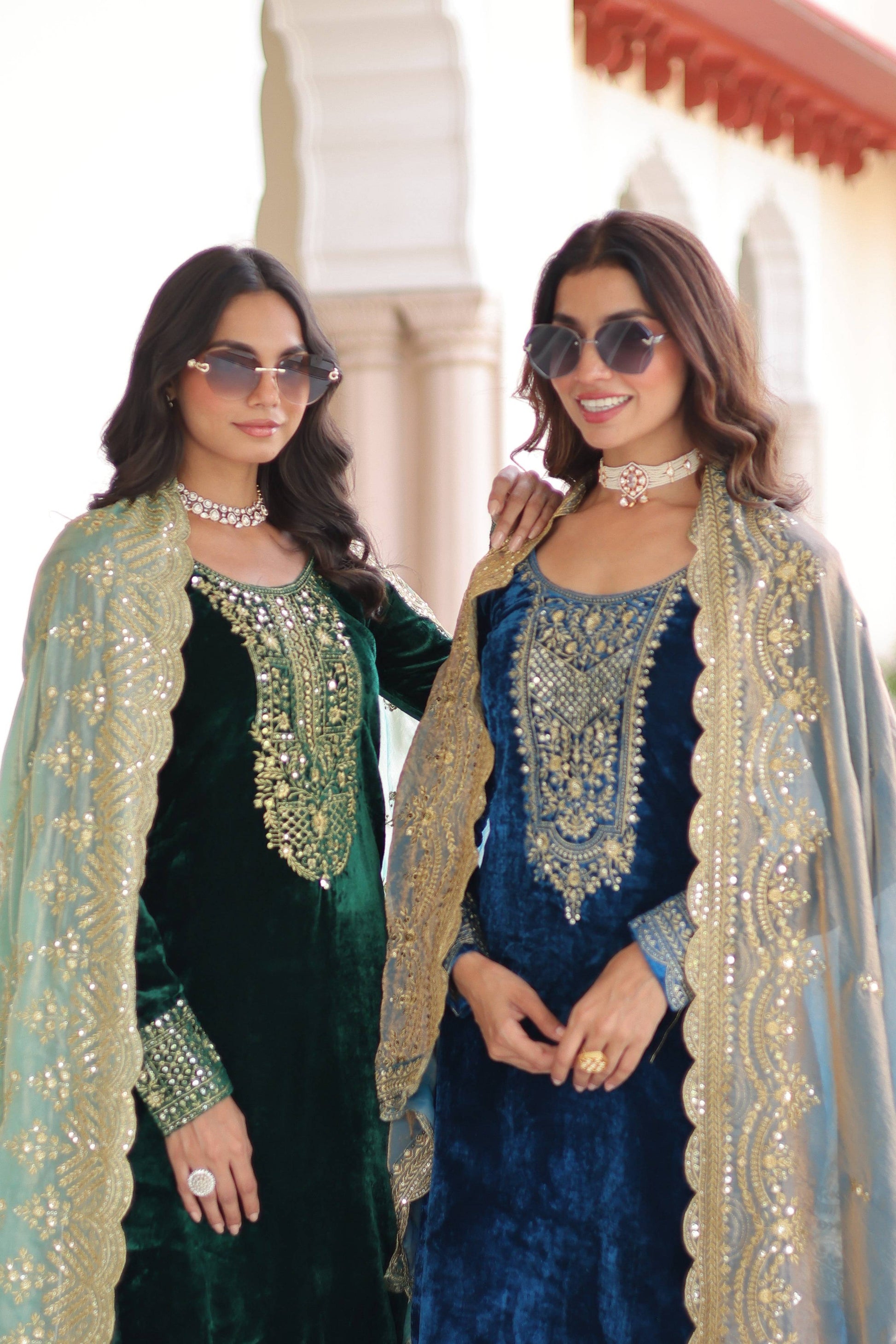 Jyoti Fashion Green & Blue Velvet Embroidered Designer Combo Kurta Set with Dupatta
