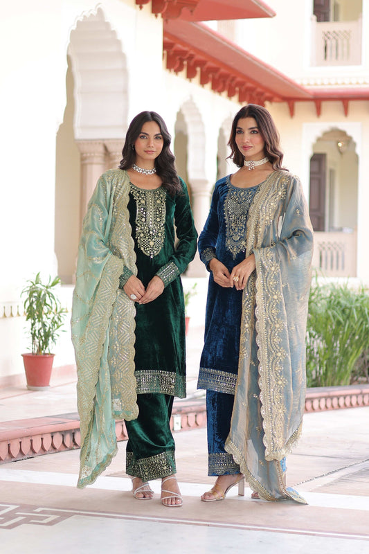 Jyoti Fashion Green & Blue Velvet Embroidered Designer Combo Kurta Set with Dupatta