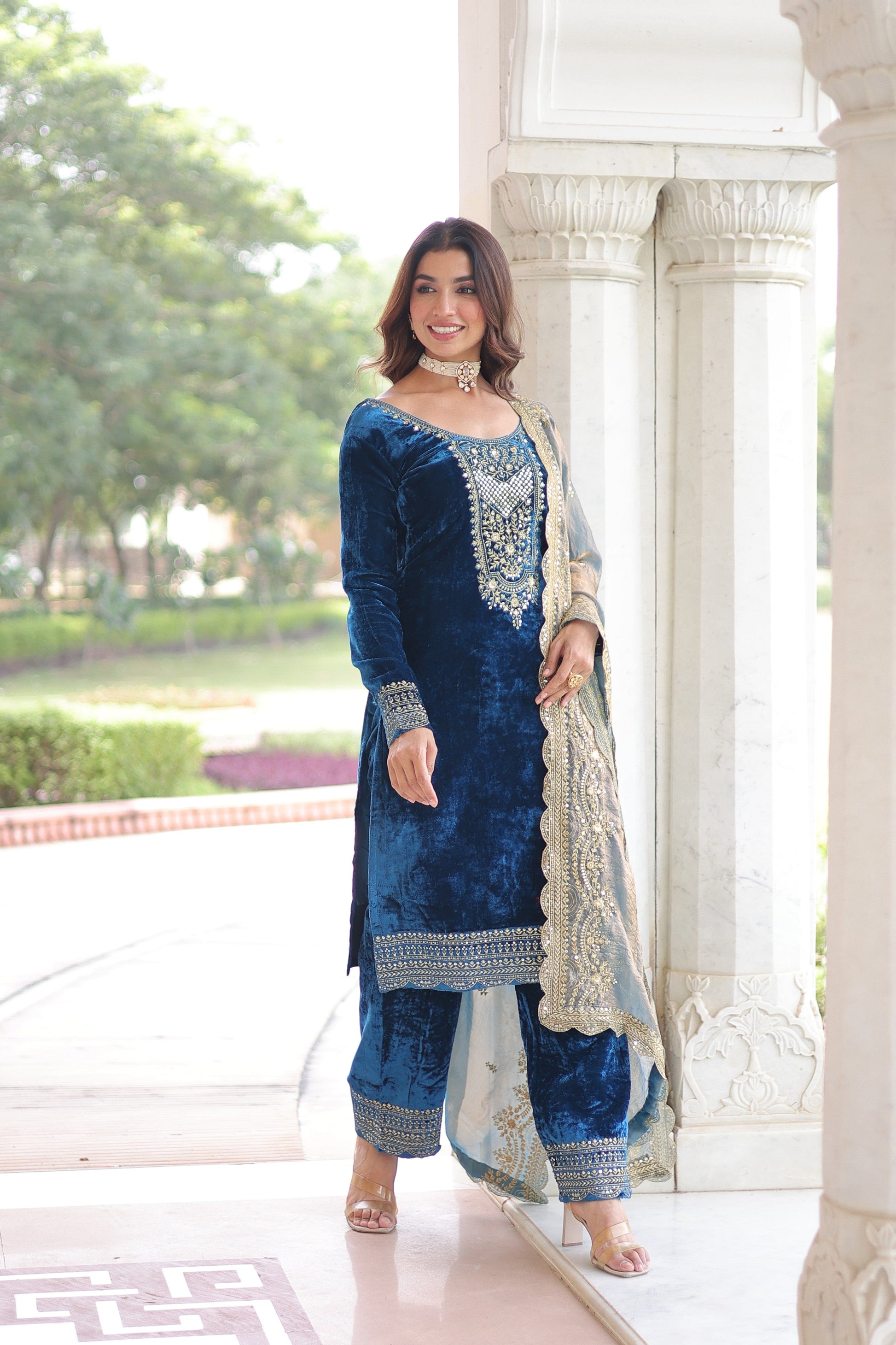 Jyoti Fashion Blue Velvet Embroidered Designer Kurta Set with Dupatta