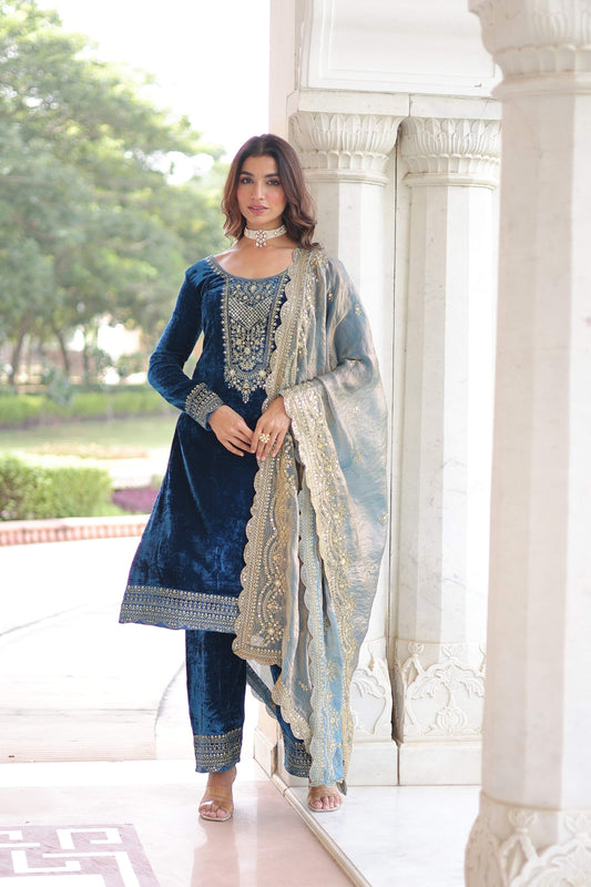 Jyoti Fashion Blue Velvet Embroidered Designer Kurta Set with Dupatta
