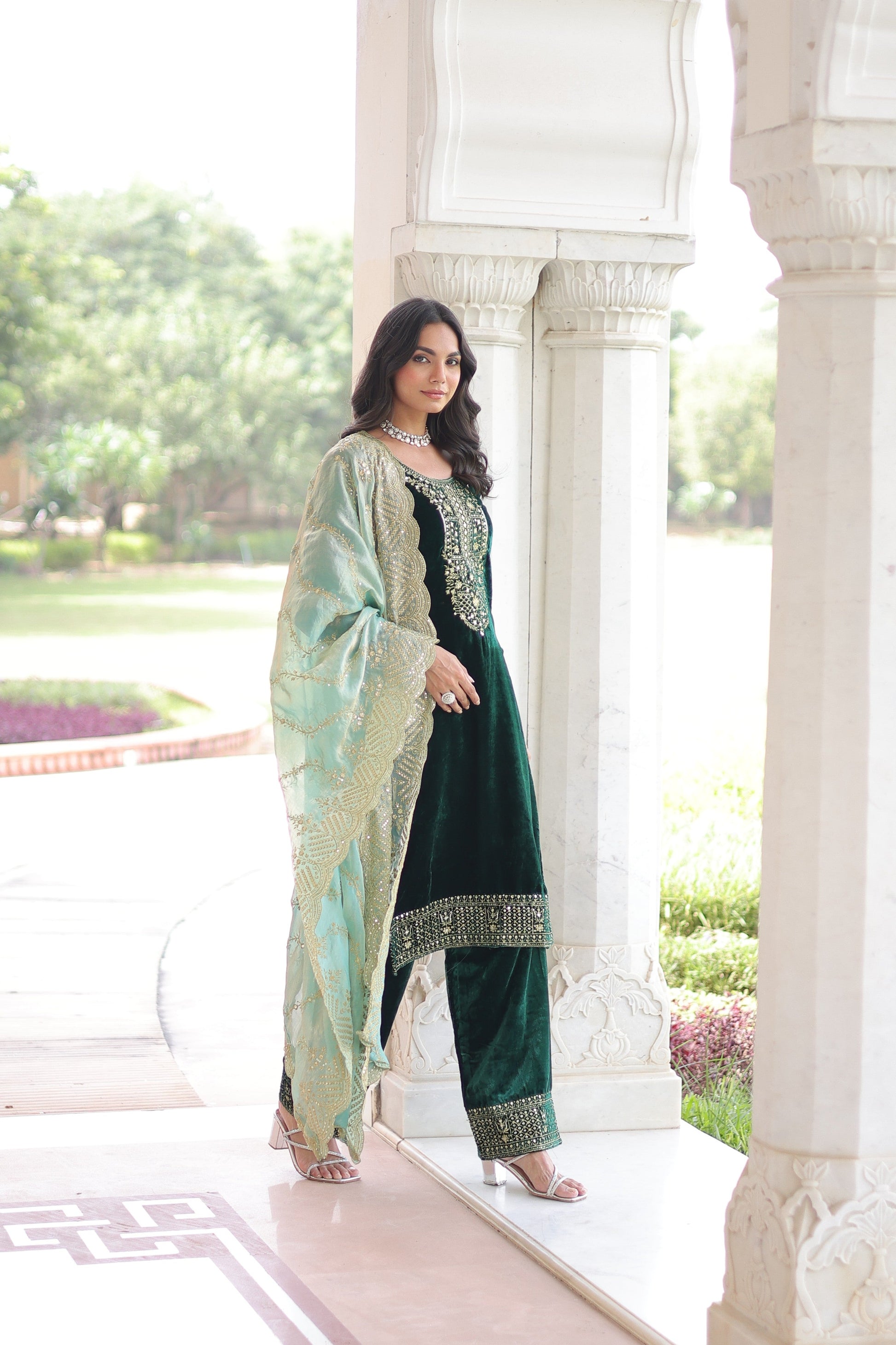 Jyoti Fashion Green Velvet Embroidered Designer Kurta Set with Dupatta