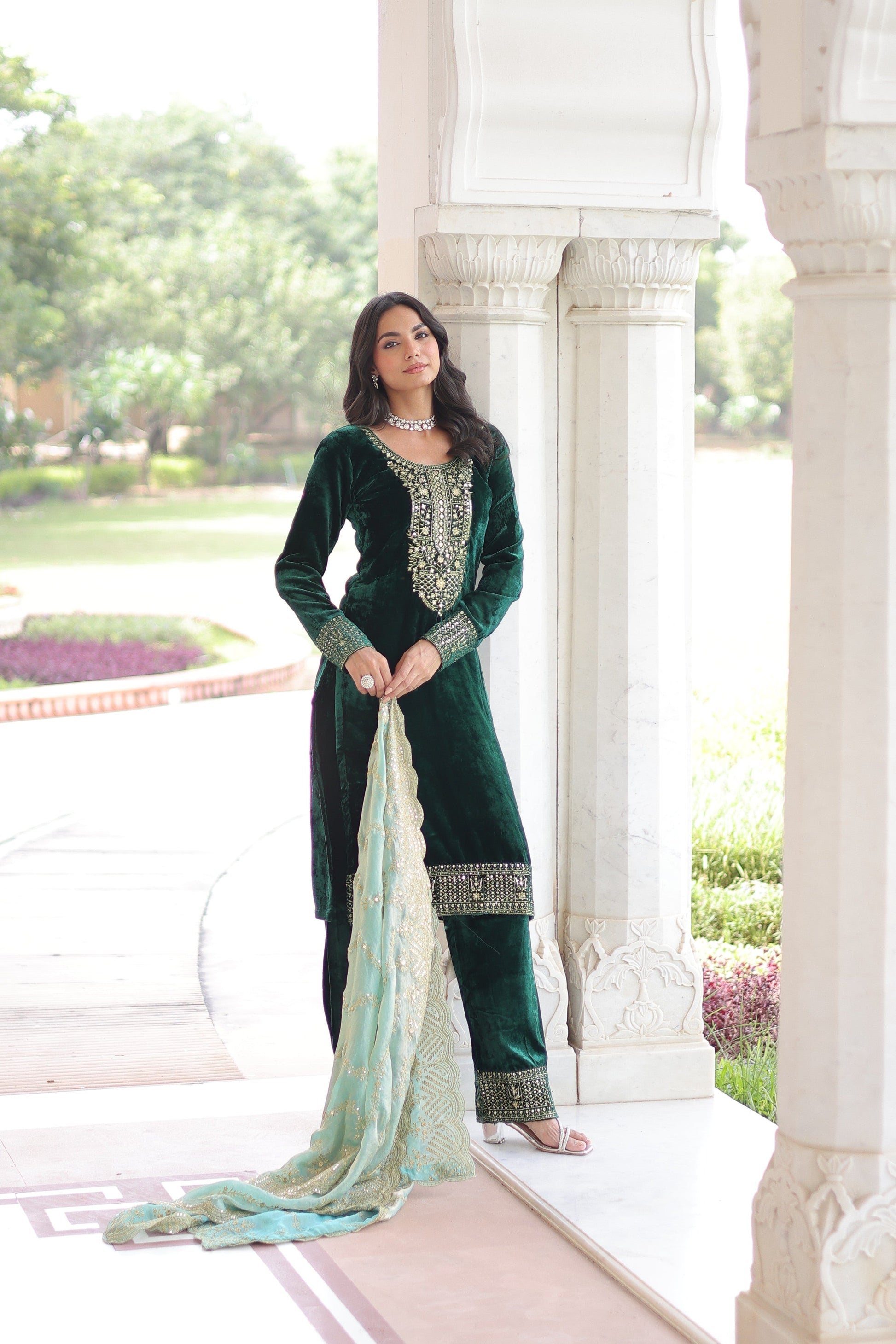 Jyoti Fashion Green Velvet Embroidered Designer Kurta Set with Dupatta