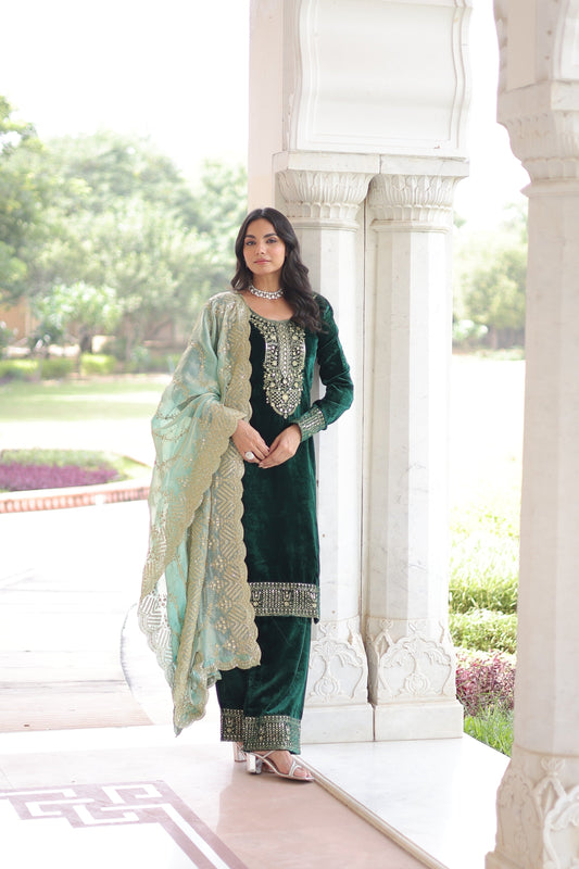 Jyoti Fashion Green Velvet Embroidered Designer Kurta Set with Dupatta
