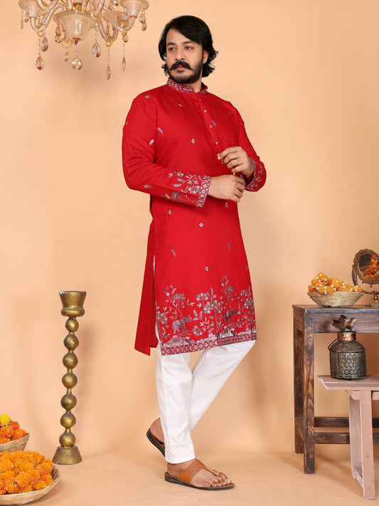 Jyoti Fashion Men's Red Sequins Embroidered Kurta with Pajama | Swadesiicart