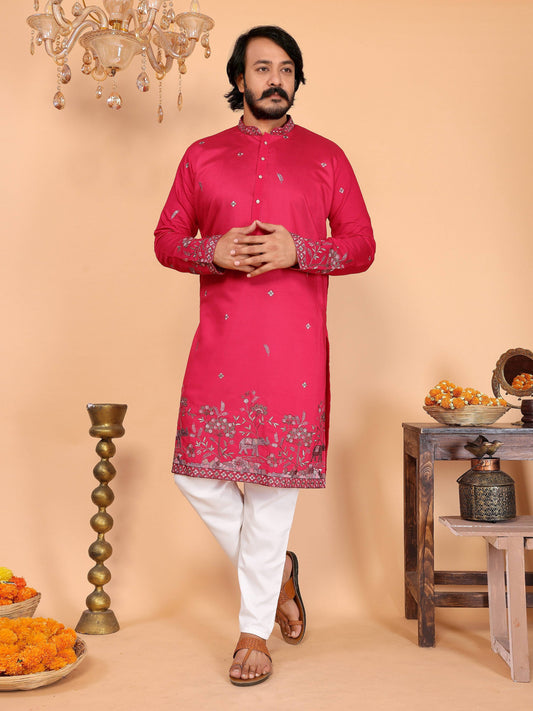 Jyoti Fashion Men's Pink Sequins Embroidered Kurta with Pajama | Swadesiicart