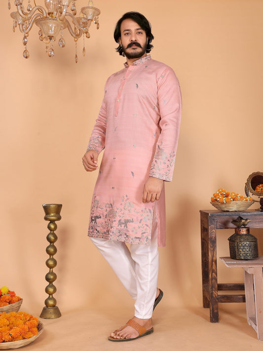 Jyoti Fashion Men's Peach Sequins Embroidered Kurta with Pajama | Swadesiicart