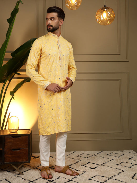 Jyoti Fashion Men's Yellow Mirror Embroidery Kurta with Pajama | Swadesiicart