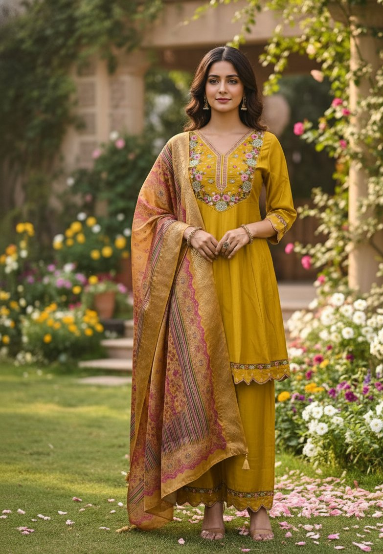 Jyoti Fashion Mustard Cotton Silk Embroidered Designer Kurta Set with Dupatta