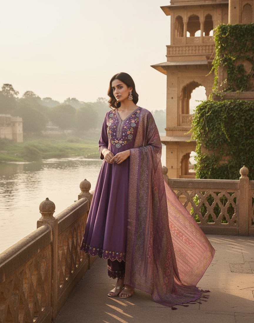 Jyoti Fashion Purple Cotton Silk Embroidered Designer Kurta Set with Dupatta