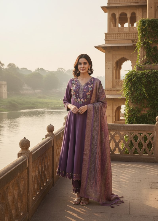 Jyoti Fashion Purple Cotton Silk Embroidered Designer Kurta Set with Dupatta