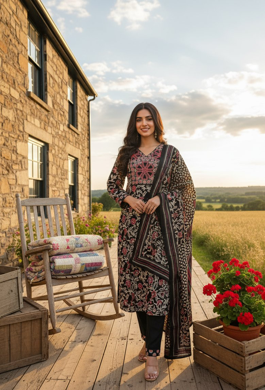 Jyoti Fashion Black Cotton Silk Floral Printed Designer Kurta Set with Dupatta