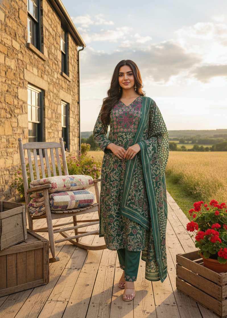 Jyoti Fashion Rama Cotton Silk Floral Printed Designer Kurta Set with Dupatta
