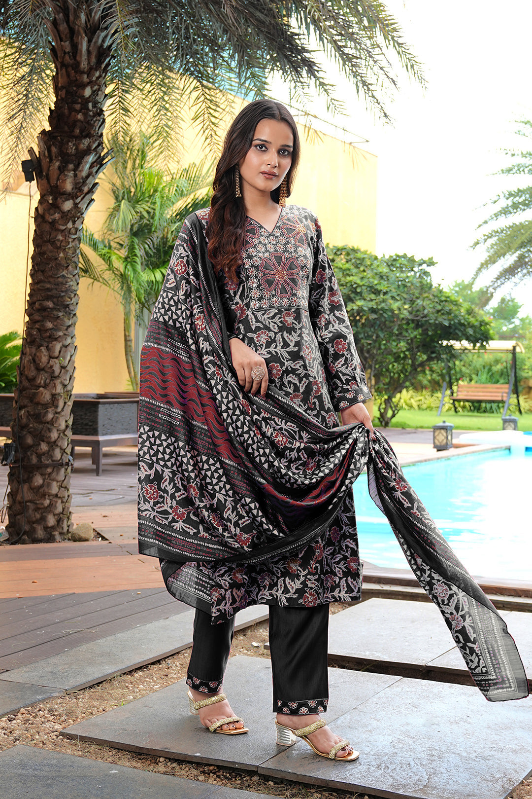 Jyoti Fashion Black Cotton Silk Floral Printed Designer Kurta Set with Dupatta
