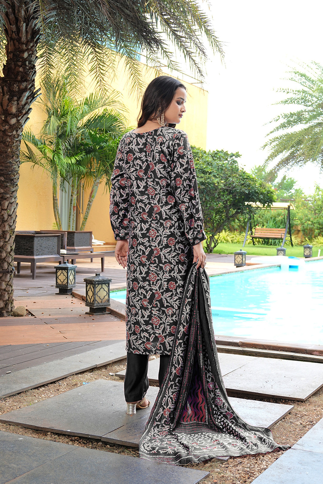 Jyoti Fashion Black Cotton Silk Floral Printed Designer Kurta Set with Dupatta