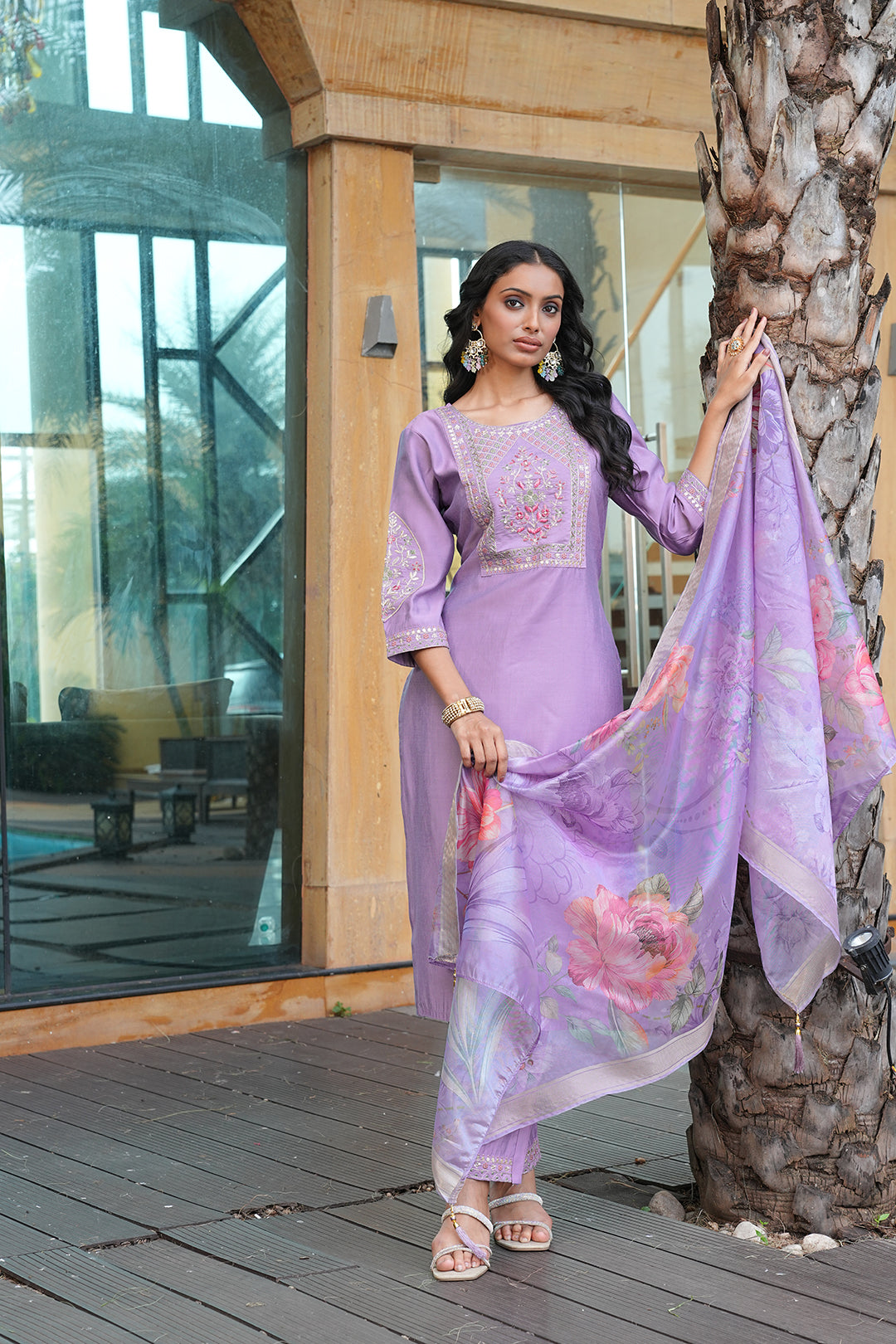 Jyoti Fashion Purple Cotton Silk Embroidered Designer Kurta Set with Dupatta