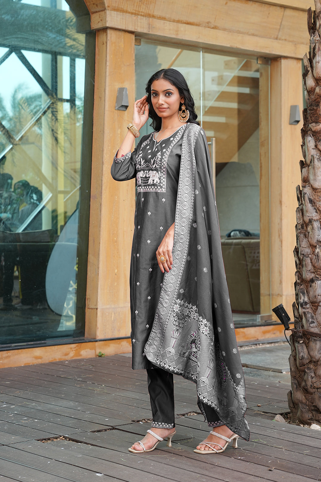 Jyoti Fashion Dark Grey Cotton Silk Embroidered Designer Kurta Set with Dupatta