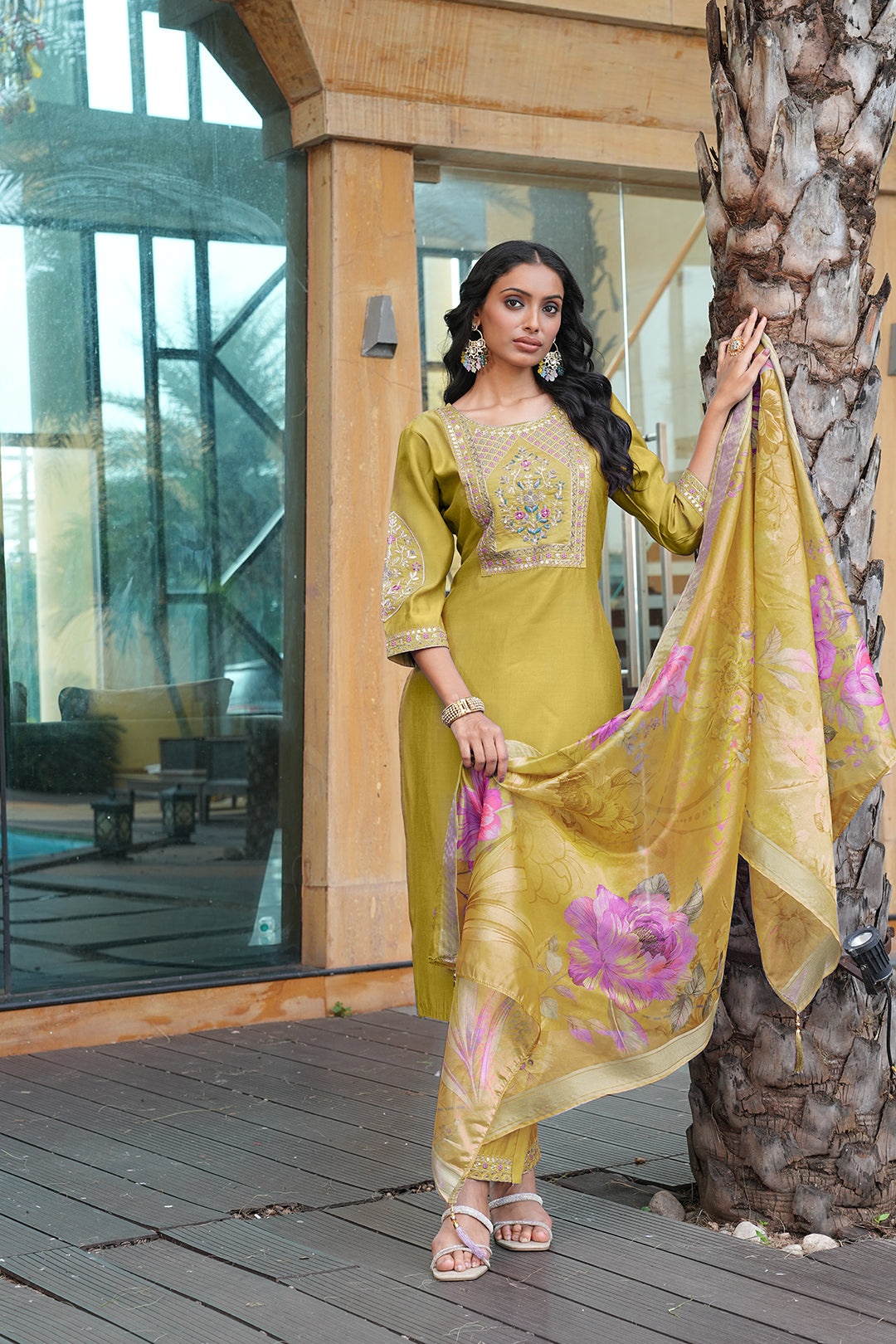 Jyoti Fashion Mustard Cotton Silk Embroidered Designer Kurta Set with Dupatta