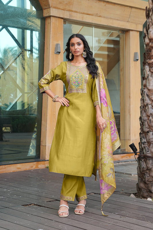 Jyoti Fashion Mustard Cotton Silk Embroidered Designer Kurta Set with Dupatta