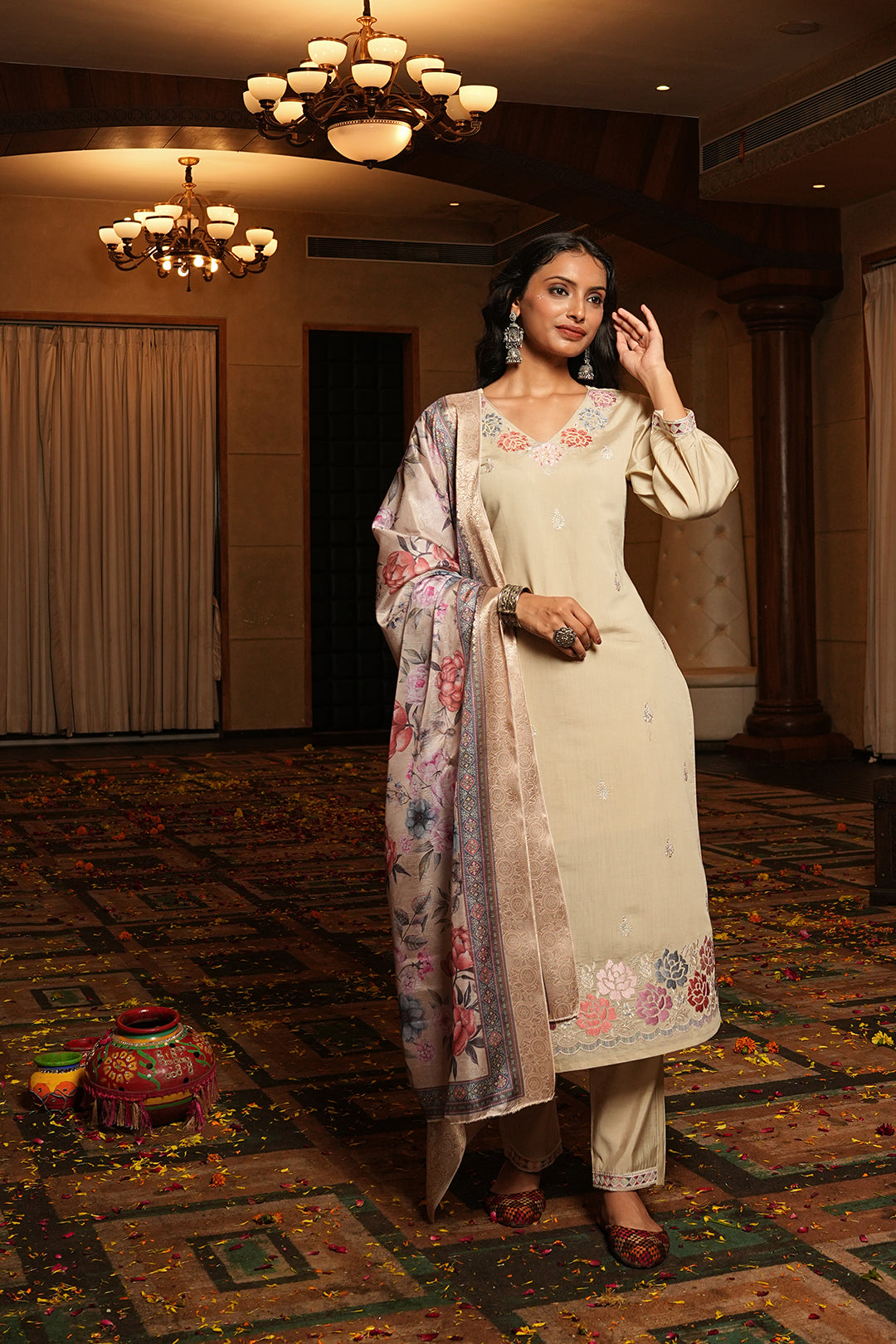 Jyoti Fashion Cream Cotton Silk Embroidered Designer Kurta Set with Dupatta