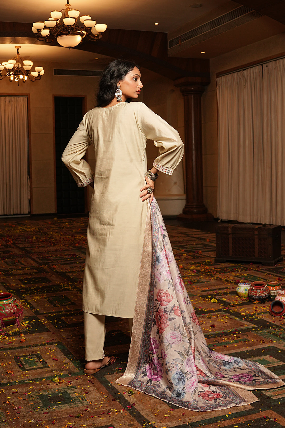 Jyoti Fashion Cream Cotton Silk Embroidered Designer Kurta Set with Dupatta