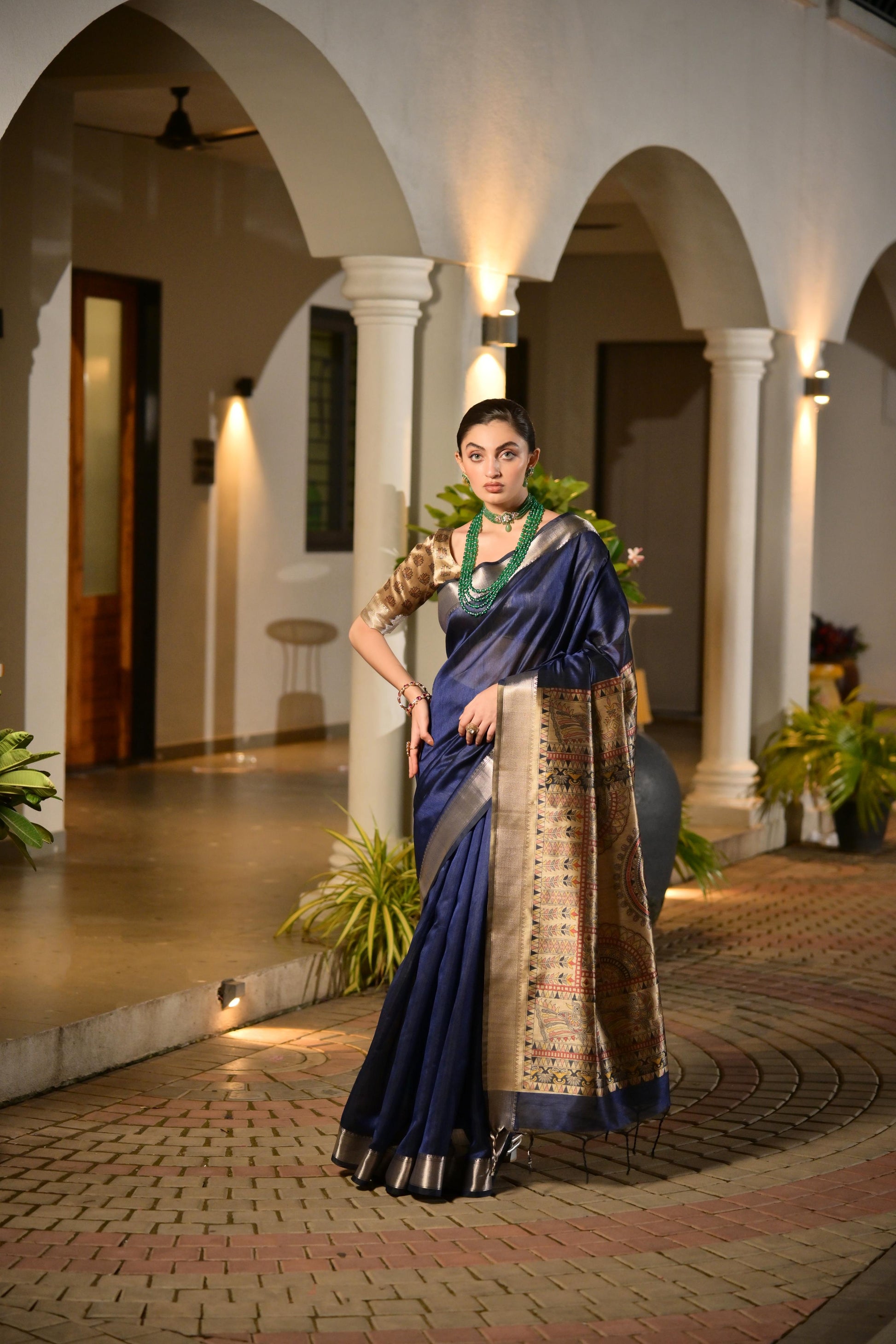 Jyoti Fashion Women's Navy Blue Soft Khadi Raw Silk Zari Woven Saree with Blouse