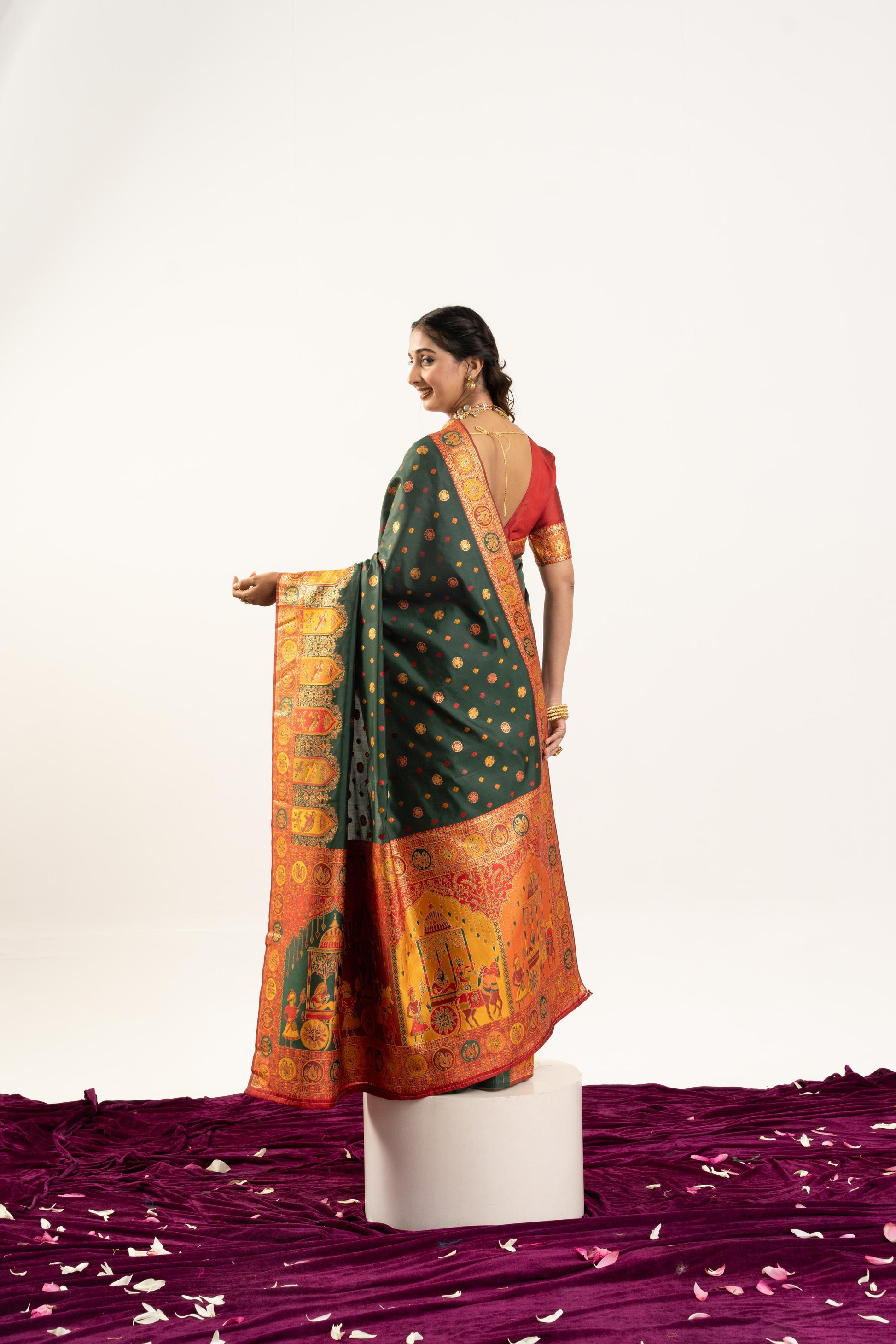 Jyoti Fashion Women's Bottle Green Banarasi Pashmina Soft Silk Zari Woven Saree with Blouse