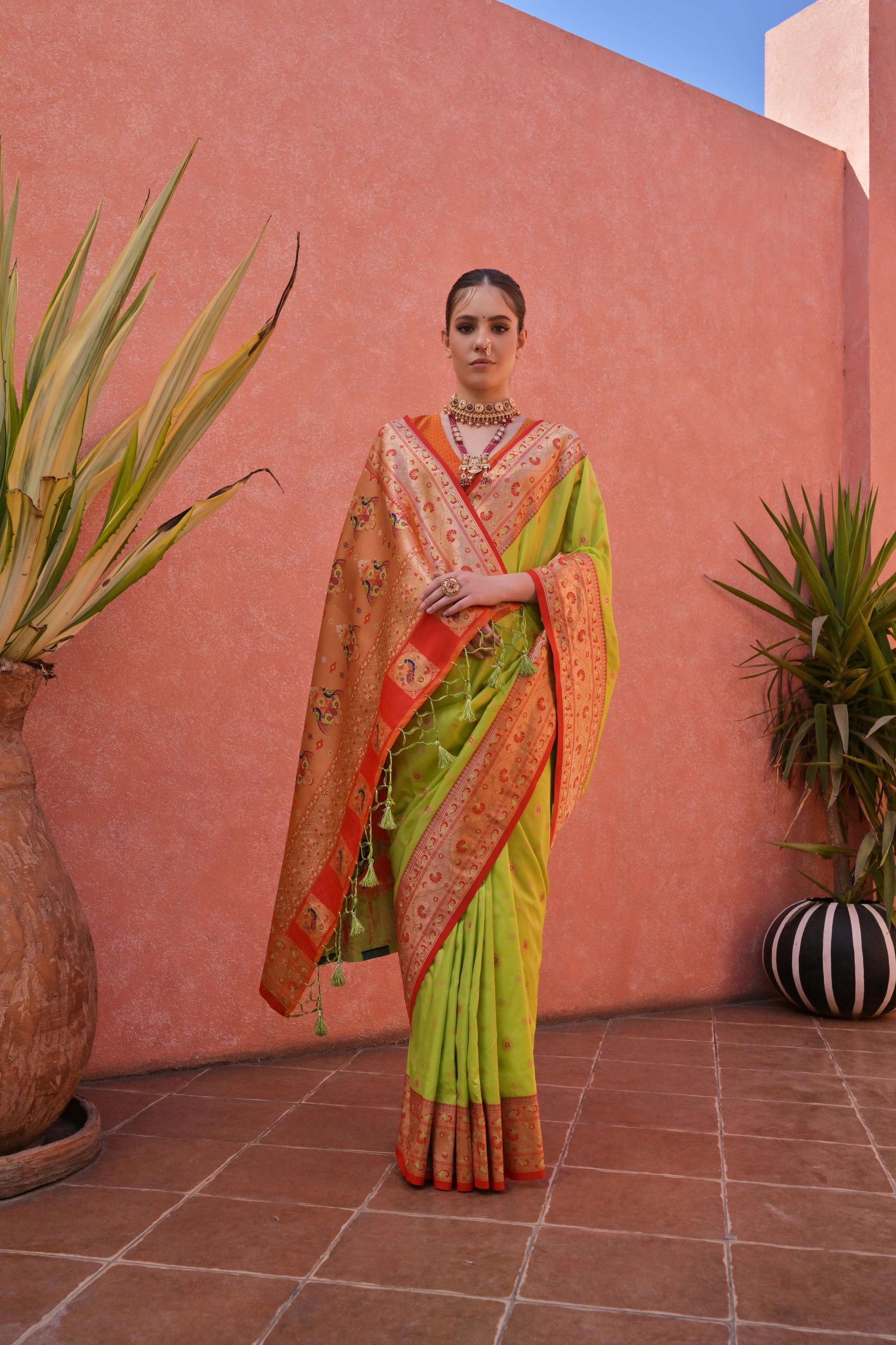Jyoti Fashion Women's Pista Green Paithani Silk Zari Woven Saree with Blouse