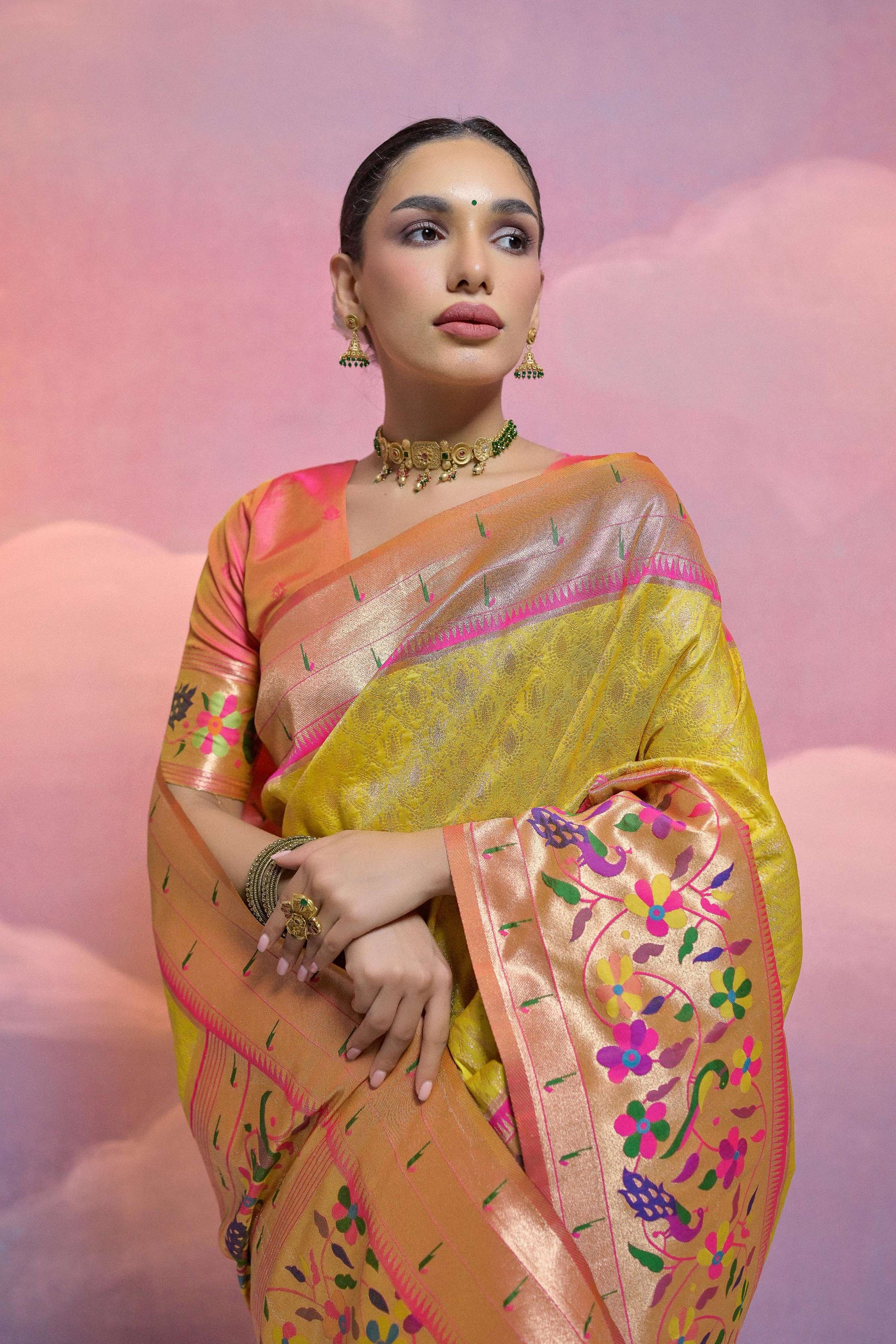 Jyoti Fashion Women's Yellow Paithani Silk Zari Woven Saree with Blouse