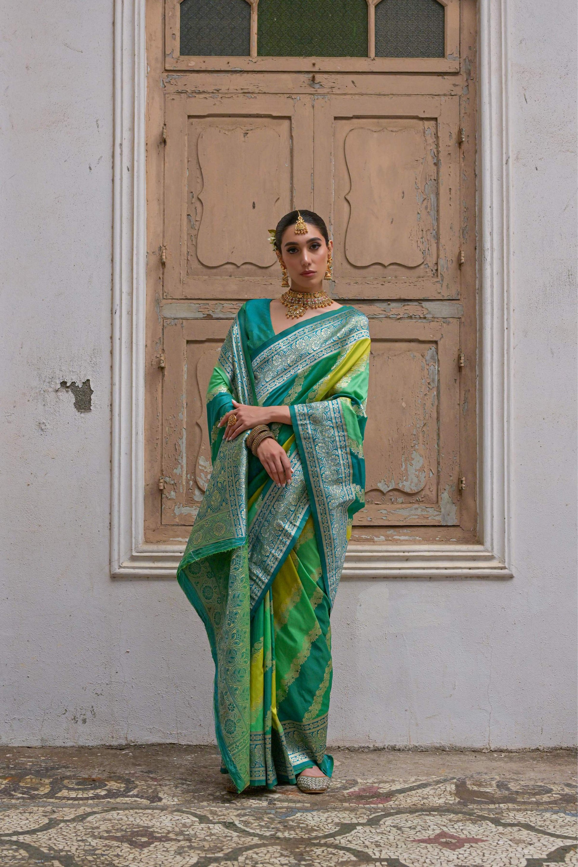 Jyoti Fashion Women's Multicolor Banarasi Silk Zari Woven Saree with Blouse
