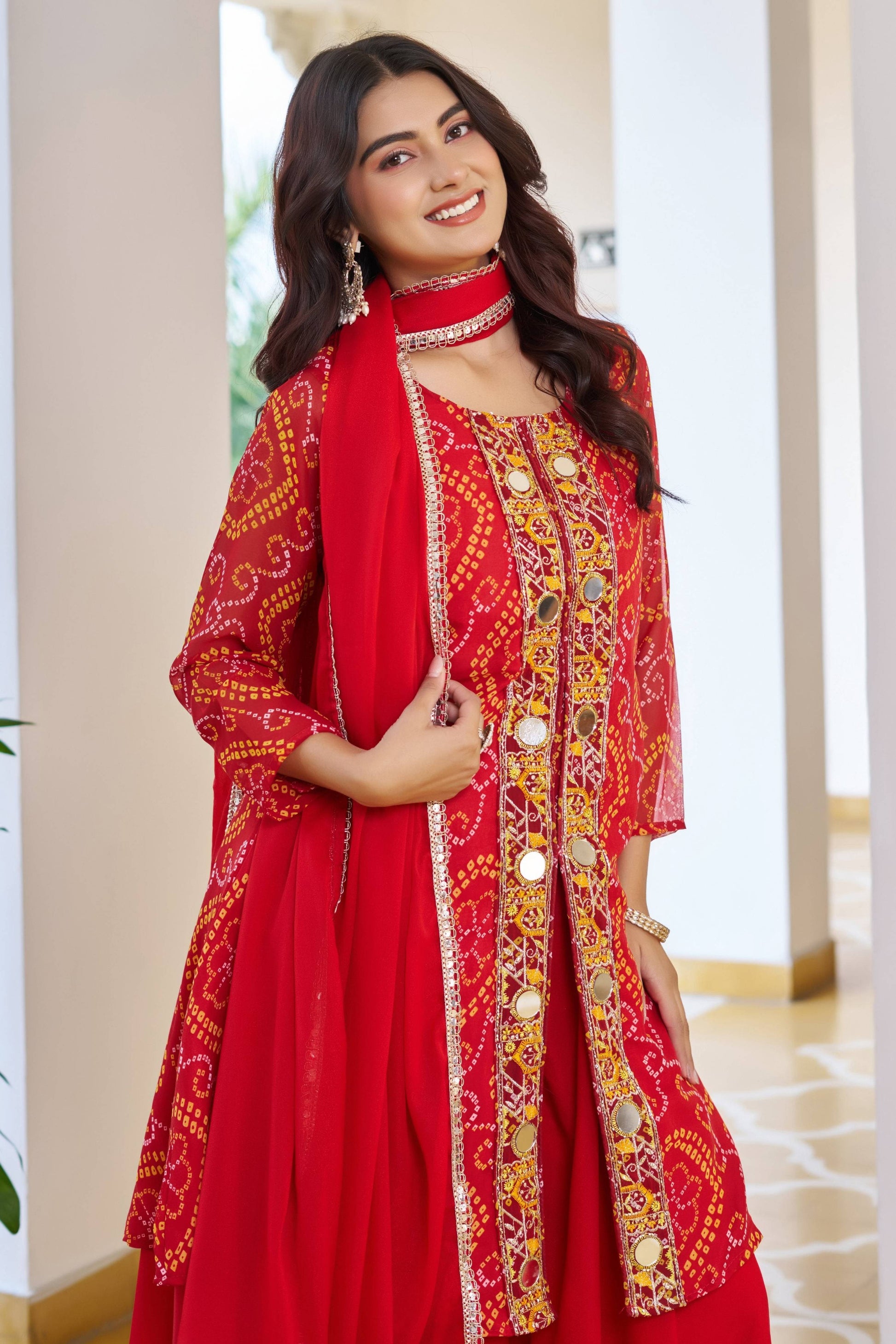 Jyoti Fashion Red Faux Georgette Embroidered Designer Kurta Set with Dupatta