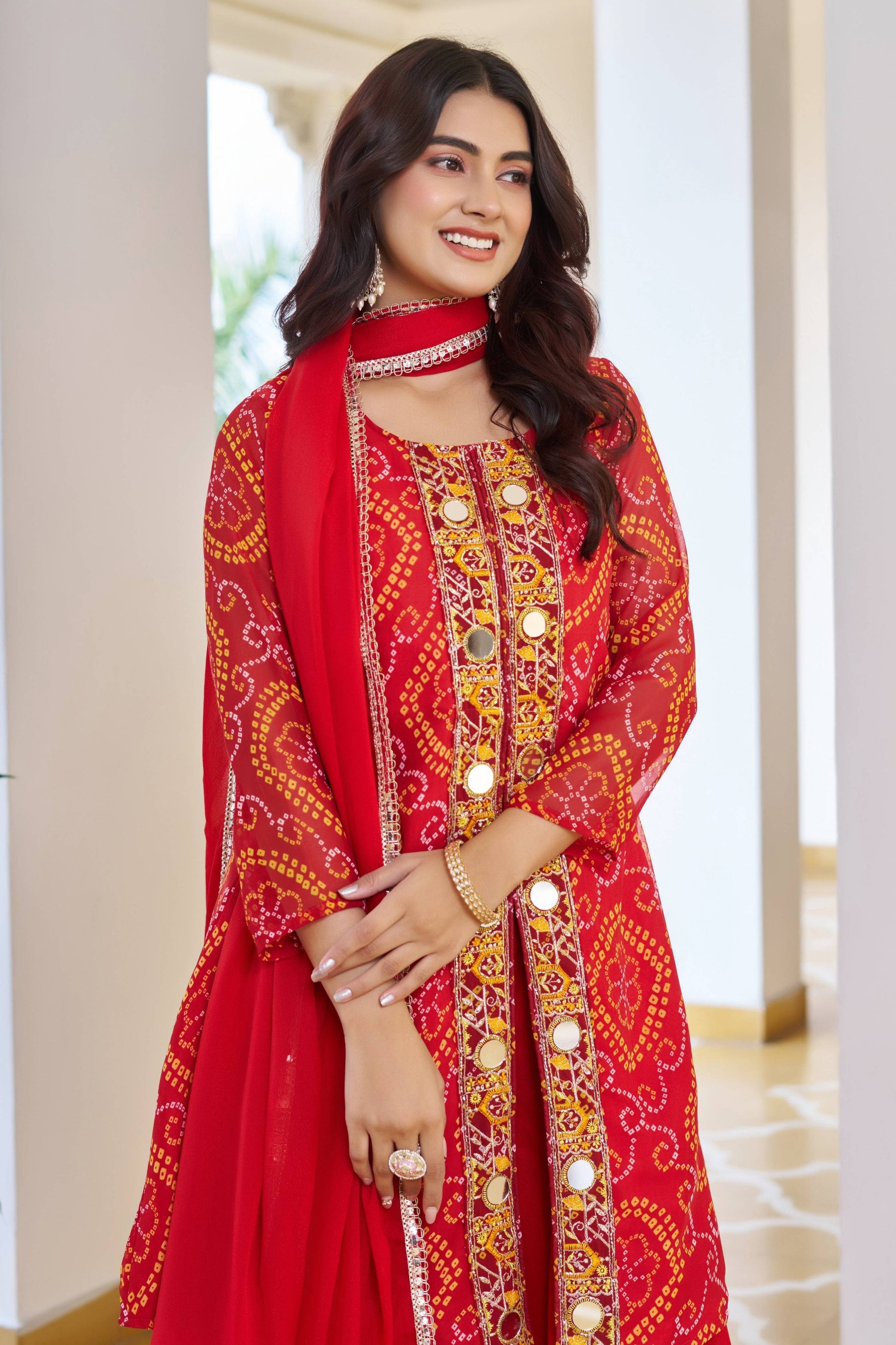 Jyoti Fashion Red Faux Georgette Embroidered Designer Kurta Set with Dupatta