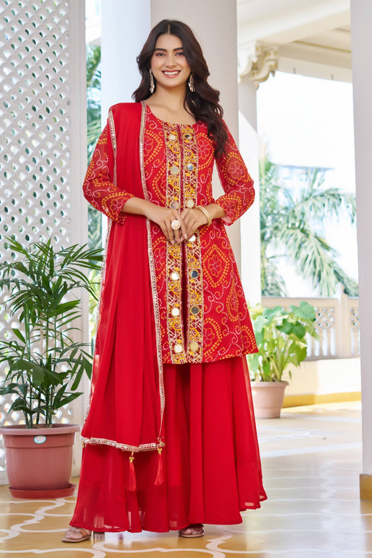 Jyoti Fashion Red Faux Georgette Embroidered Designer Kurta Set with Dupatta