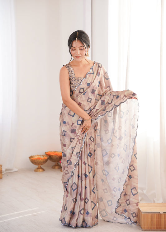 Jyoti Fashion Women's Beige Chinon Digital Printed Designer Saree with Blouse
