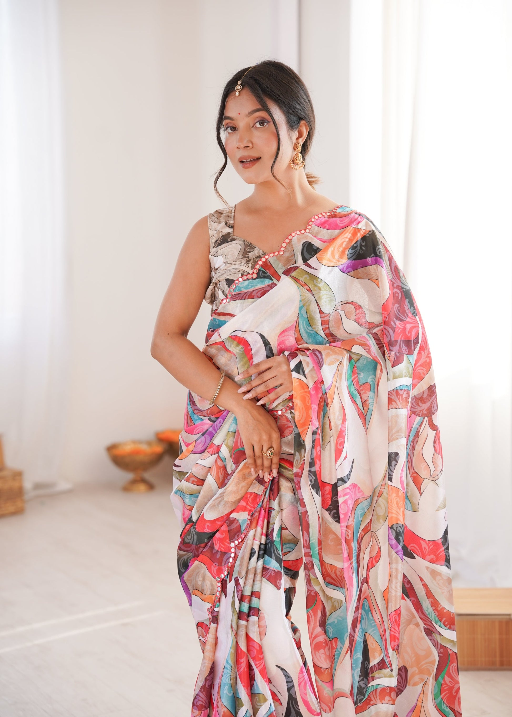 Jyoti Fashion Women's Multicolor Chinon Digital Printed Designer Saree with Blouse