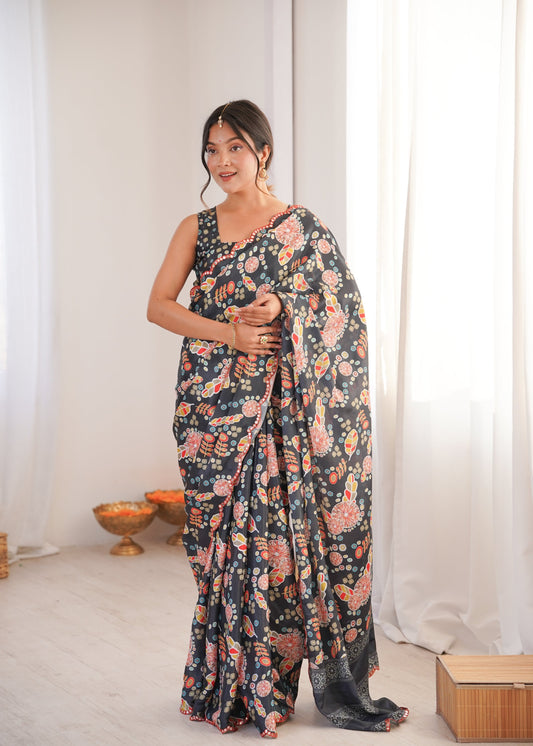 Jyoti Fashion Women's Black Chinon Digital Printed Designer Saree with Blouse