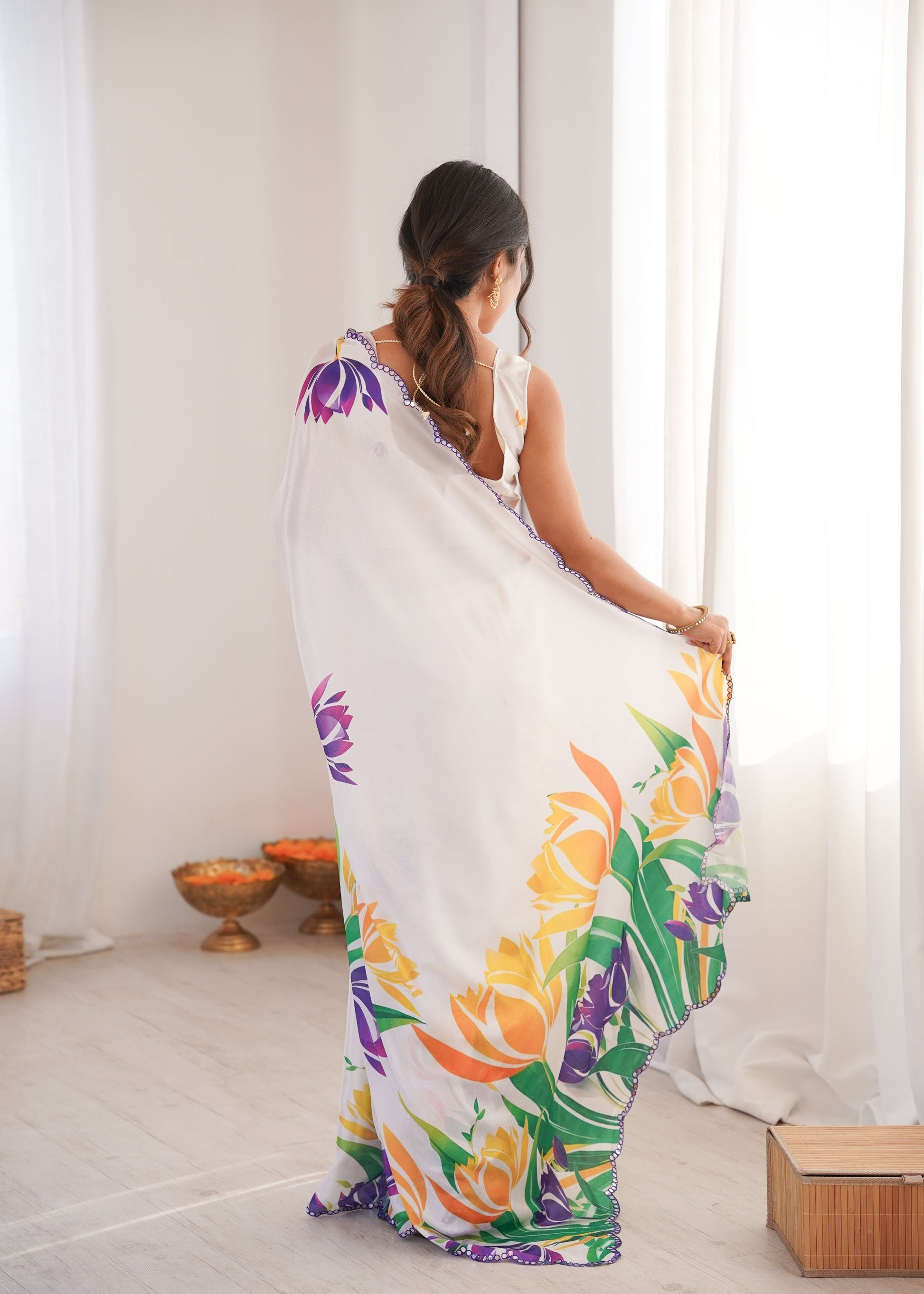 Jyoti Fashion Women's White Chinon Digital Printed Designer Saree with Blouse